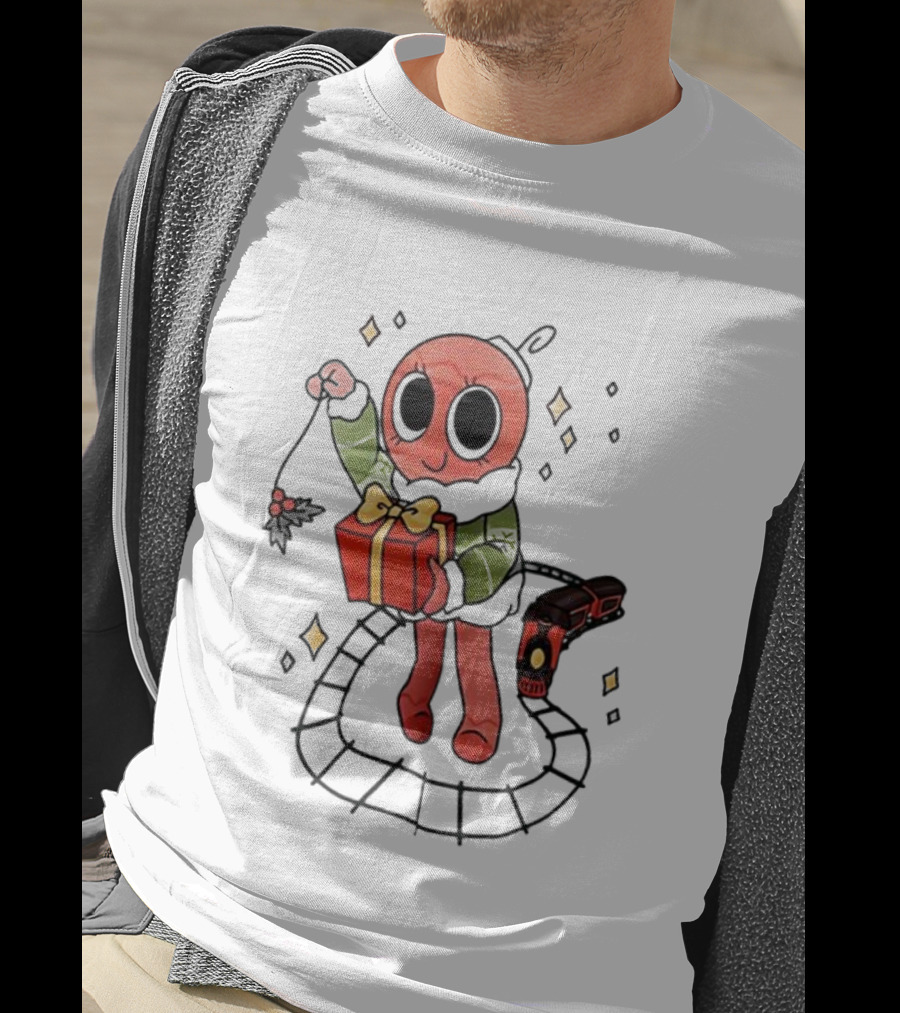 Bobette Light Green Cartoon Character Holding Gift With Train Elements T-Shirt