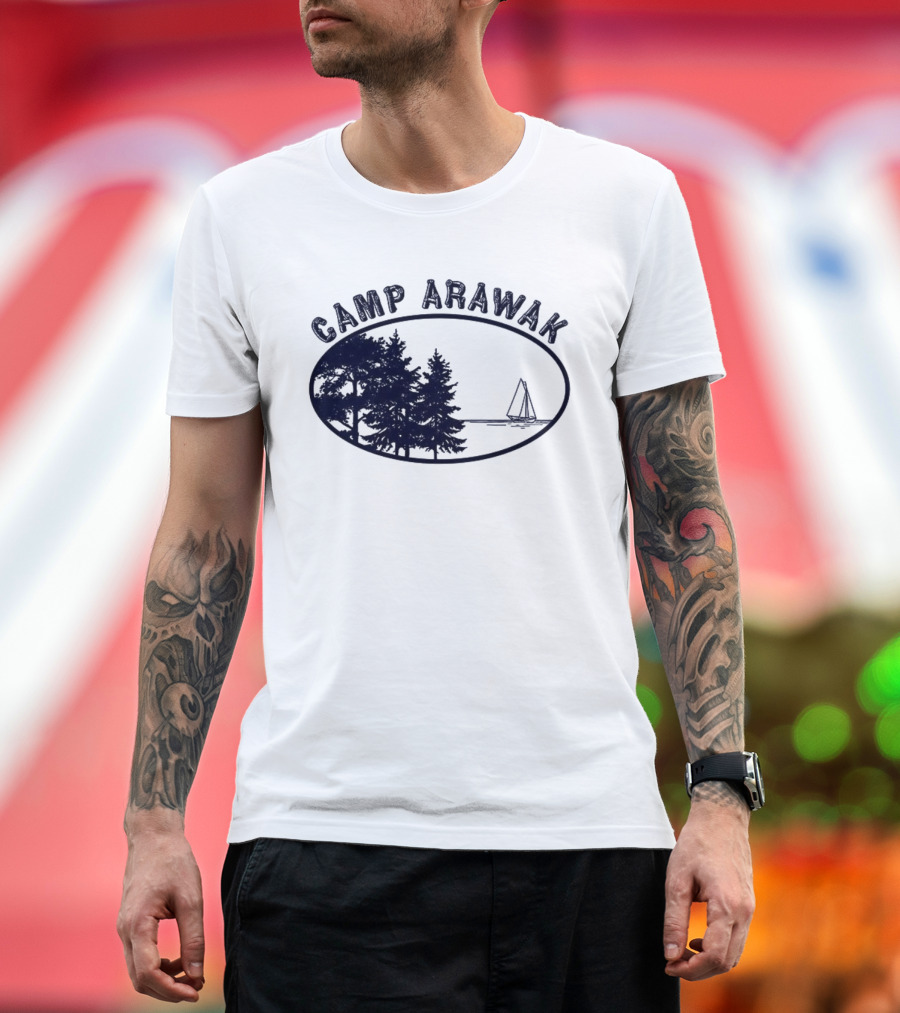 Camp Arawak Trees And Sailboat Scene T-Shirt