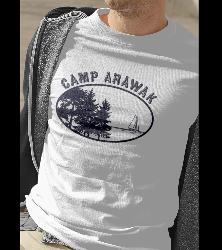 Camp Arawak Trees And Sailboat Scene T-Shirt