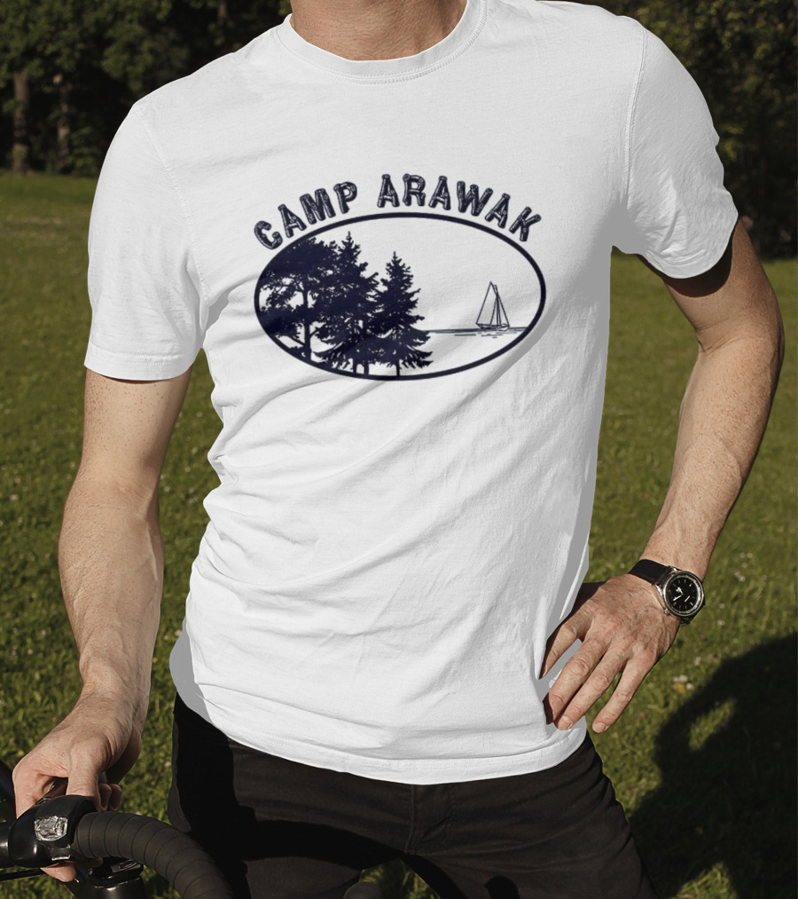 Camp Arawak Trees And Sailboat Scene T-Shirt