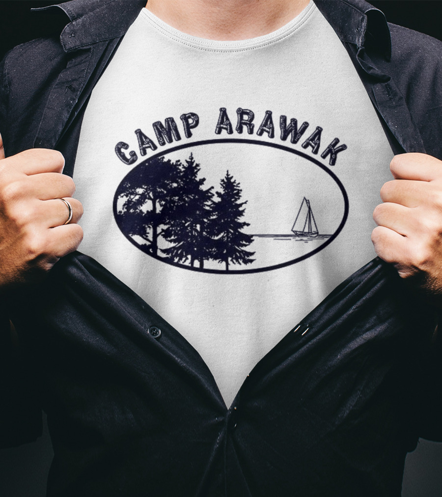 Camp Arawak Trees And Sailboat Scene T-Shirt