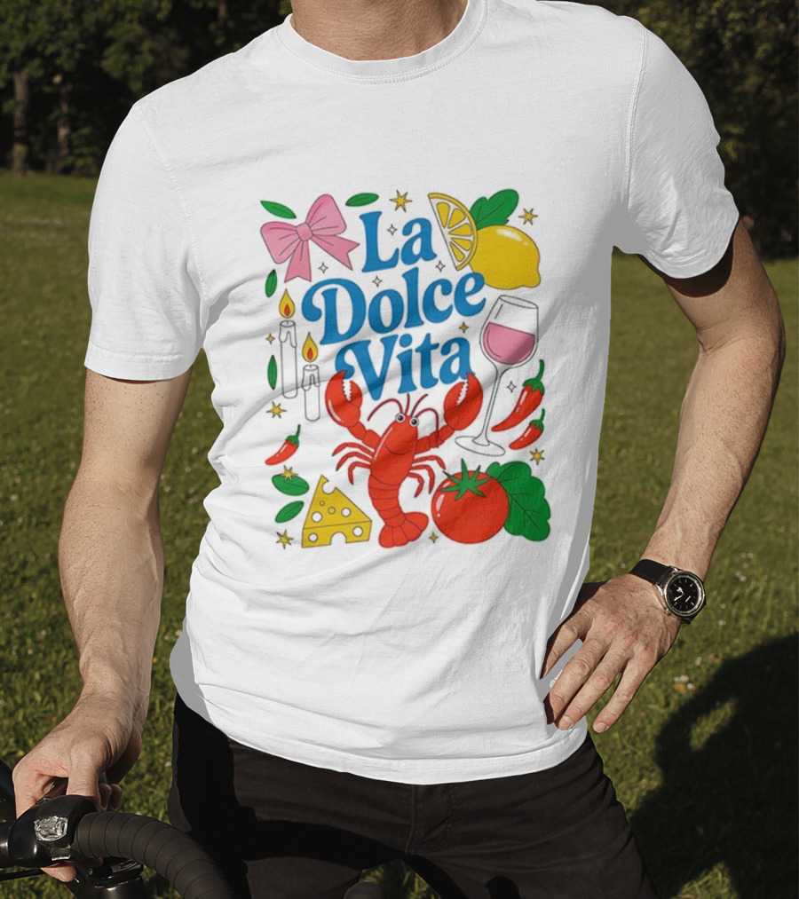 J’aime La Dolce Vita Lobster Lemon Tomato Cheese Bow Candles Wine Peppers T-Shirt