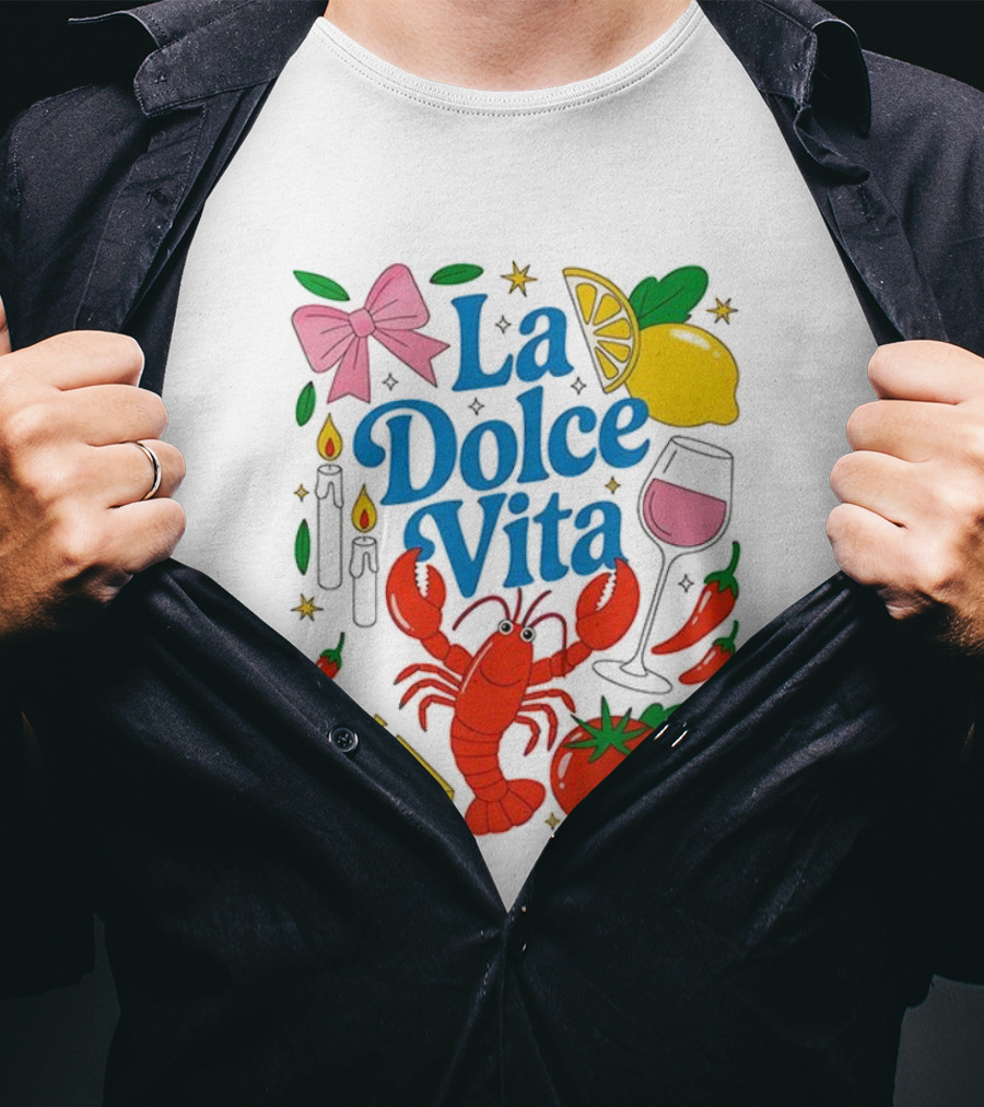 J’aime La Dolce Vita Lobster Lemon Tomato Cheese Bow Candles Wine Peppers T-Shirt