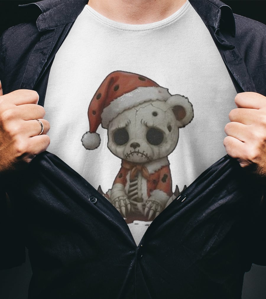 Merry & Boney Christmas Creepy Skeleton Teddy Bear Santa Hat T-Shirt
