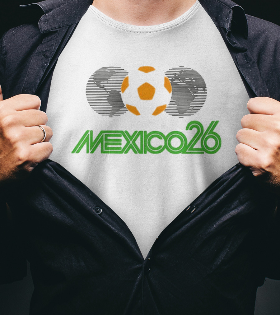 Mexico26 Soccer Ball Earth Symbol In Green And Orange T-Shirt