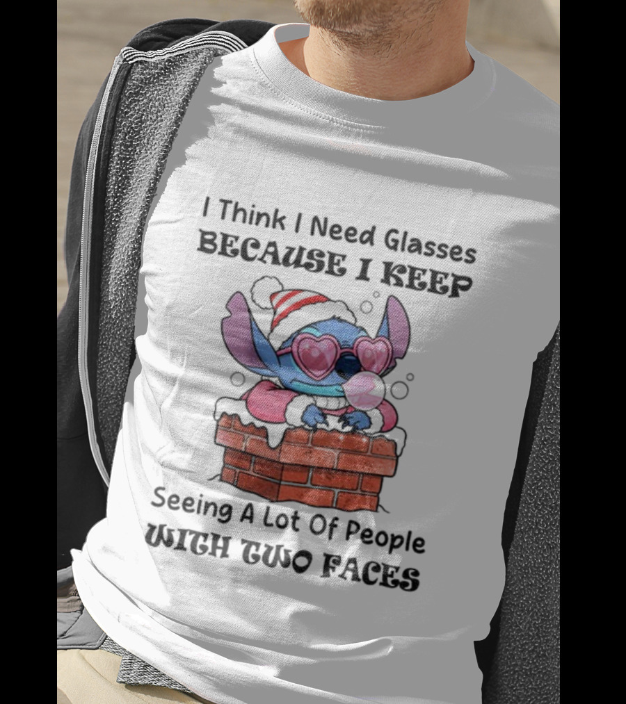 Stitch Christmas I Think I Need Glasses Seeing People With Two Faces T-Shirt