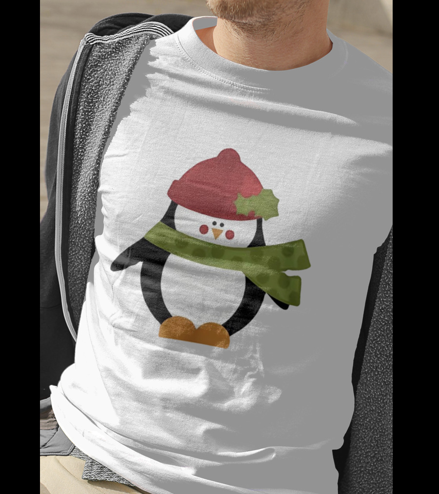 Cute Penguin Christmas Cartoon With Red Hat And Green Scarf T-Shirt