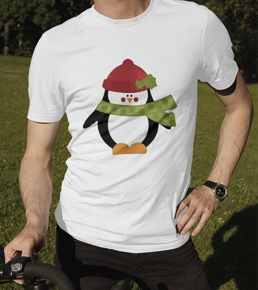 Cute Penguin Christmas Cartoon With Red Hat And Green Scarf T-Shirt