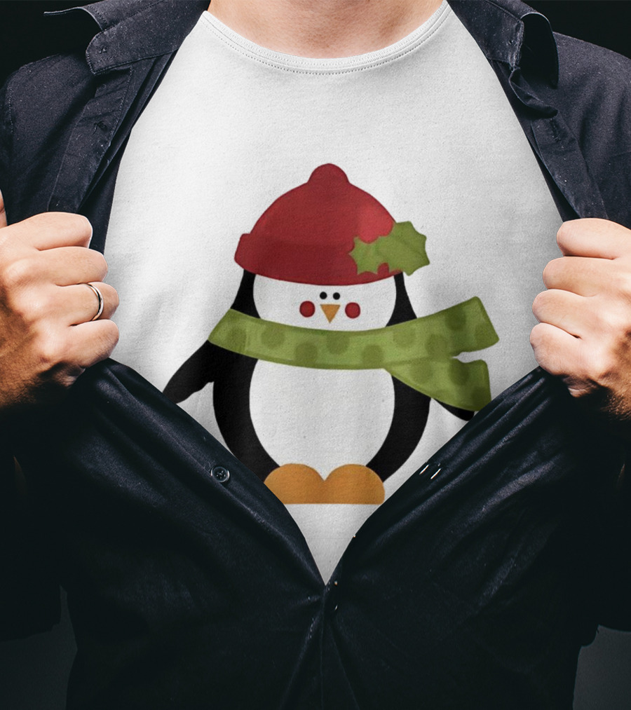 Cute Penguin Christmas Cartoon With Red Hat And Green Scarf T-Shirt