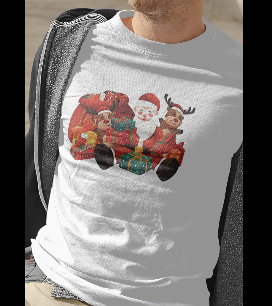 Santa Claus And Reindeer Holding Christmas Gifts With Sack And Ribbon T-Shirt