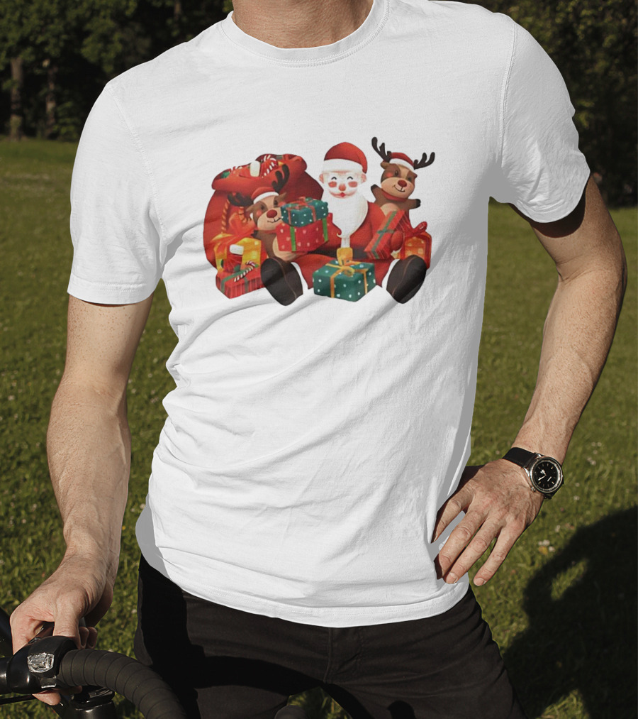 Santa Claus And Reindeer Holding Christmas Gifts With Sack And Ribbon T-Shirt