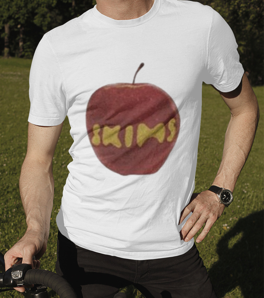 Skims Apple Bold Yellow Text On Red Apple T-Shirt