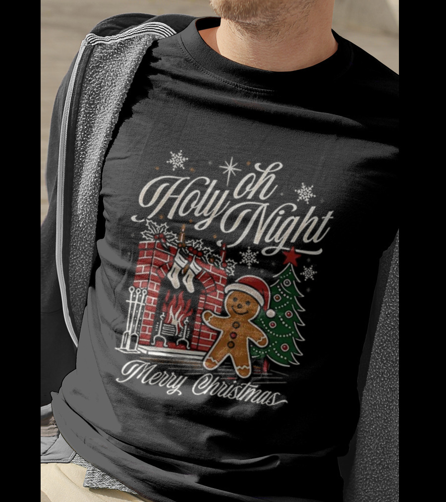 Oh Holy Night Gingerbread Merry Christmas By The Fireplace Tree T-Shirt