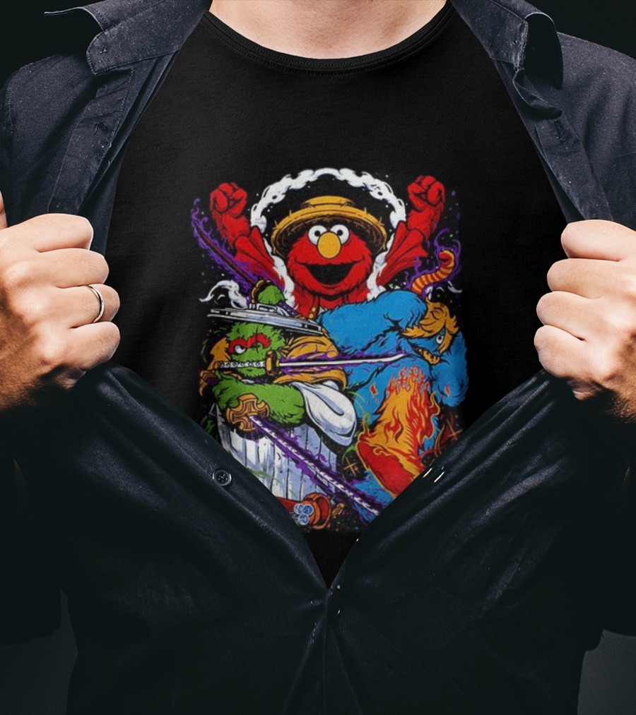 Elmo Oscar Cookie Monster Luffy Crossover Street Trio T-Shirt