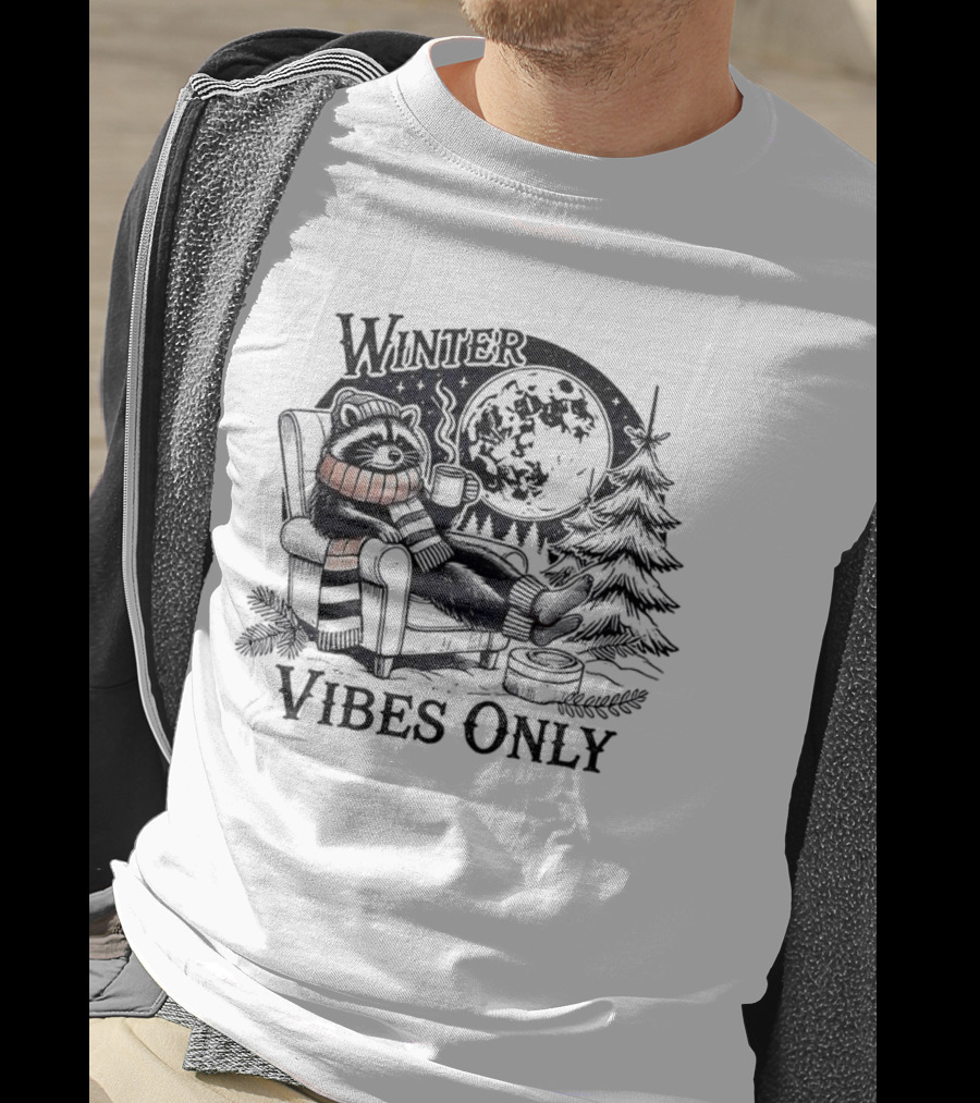 Winter Vibes Only Cute Raccoon By Christmas Tree T-Shirt