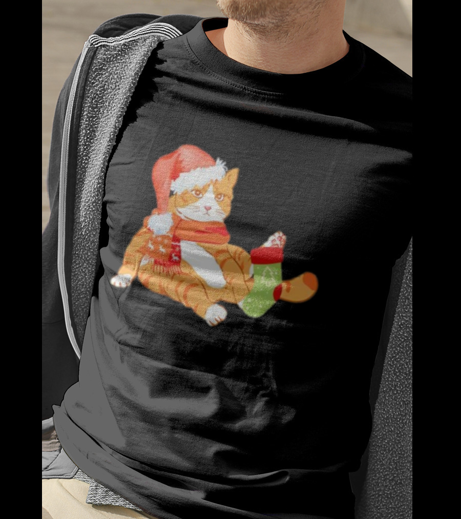 Cute Christmas Orange Cat Santa Hat Festive Stocking T-Shirt