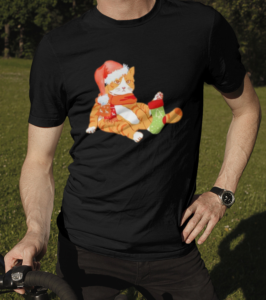 Cute Christmas Orange Cat Santa Hat Festive Stocking T-Shirt