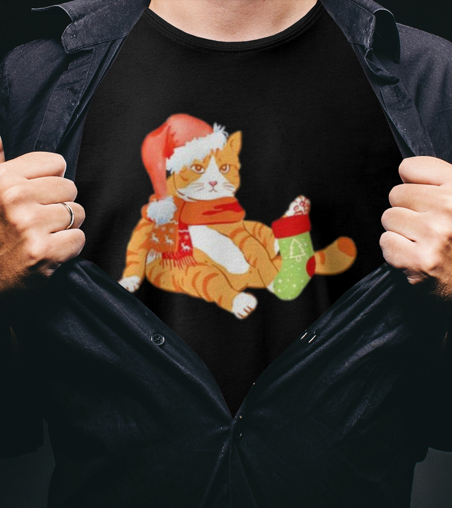Cute Christmas Orange Cat Santa Hat Festive Stocking T-Shirt