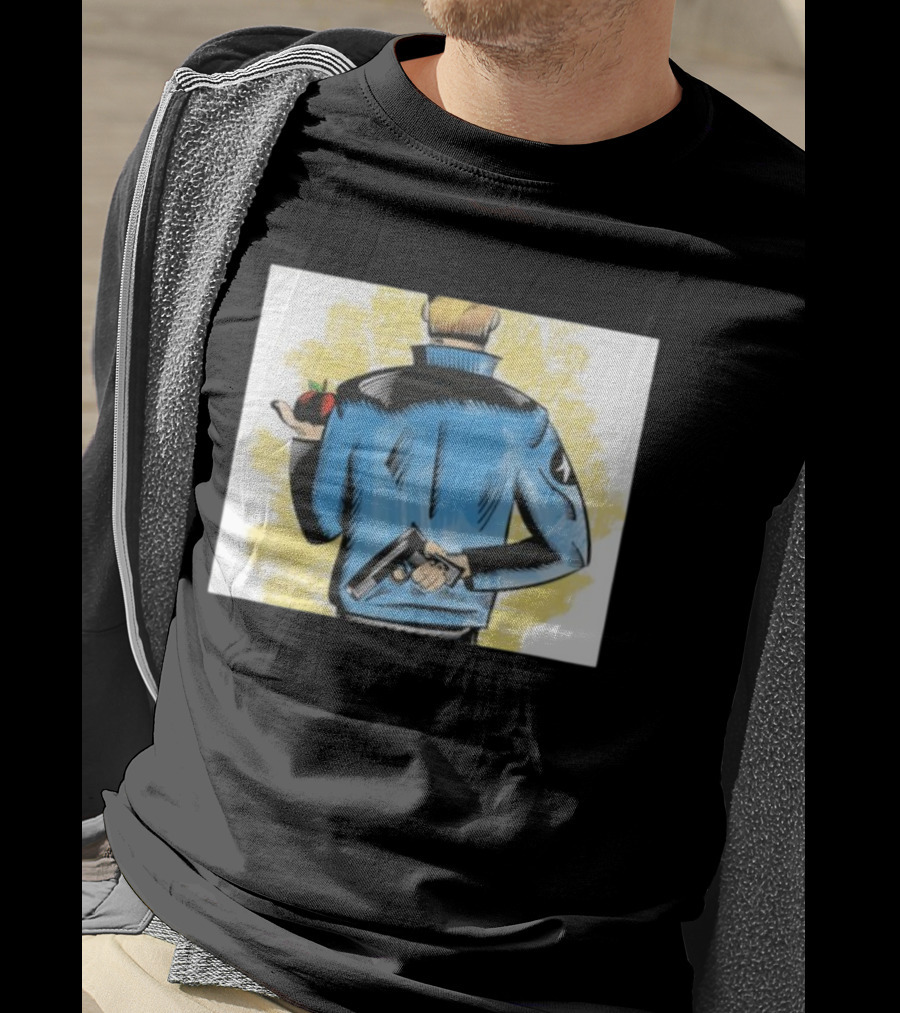 Deny Defend Depose Stylish Jacket Man Holding Gun And Apple T-Shirt