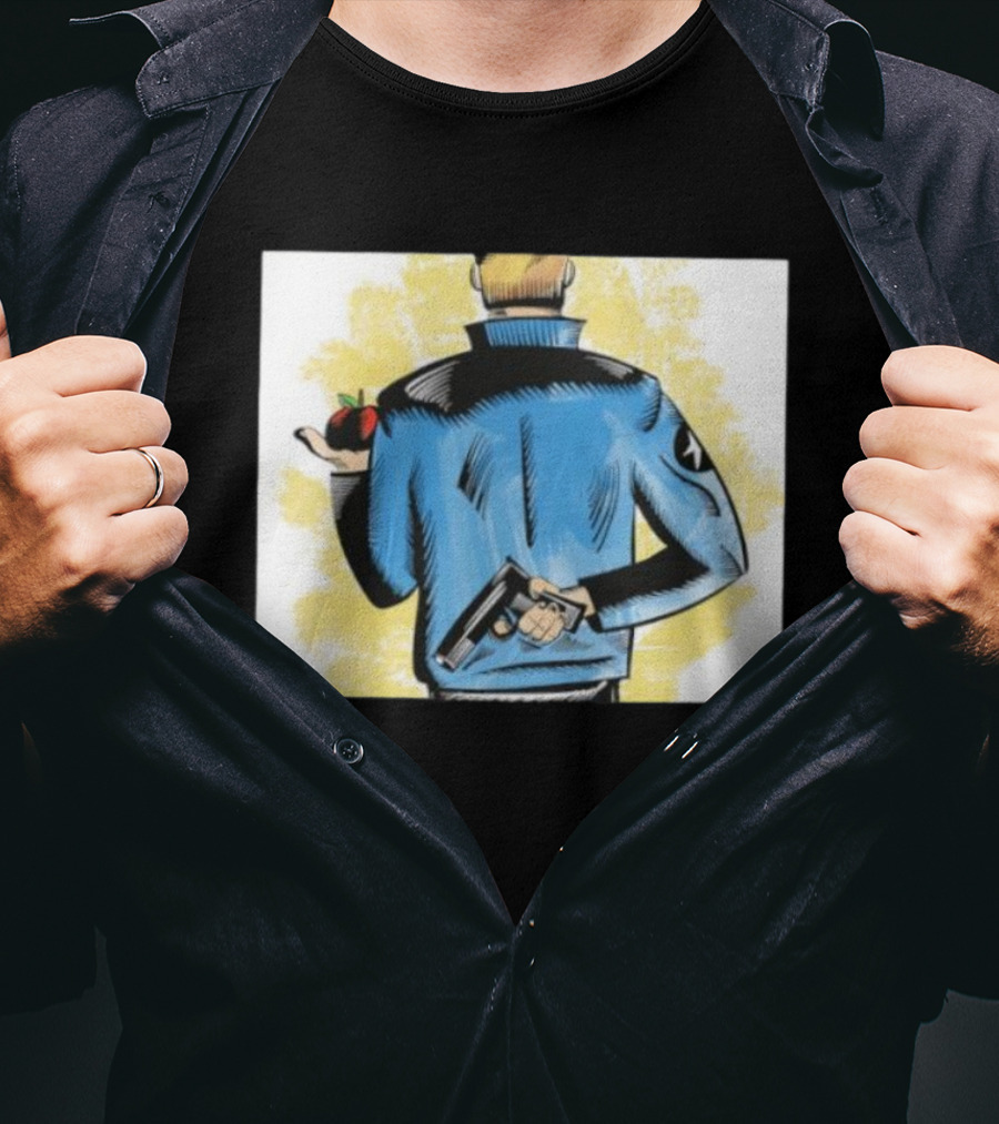 Deny Defend Depose Stylish Jacket Man Holding Gun And Apple T-Shirt