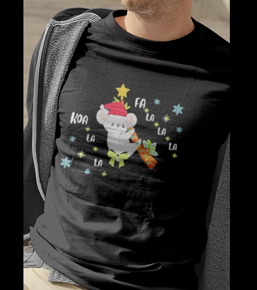 Koala Fa La La La Christmas Stylish Santa Hat And Candy Cane Fun T-Shirt