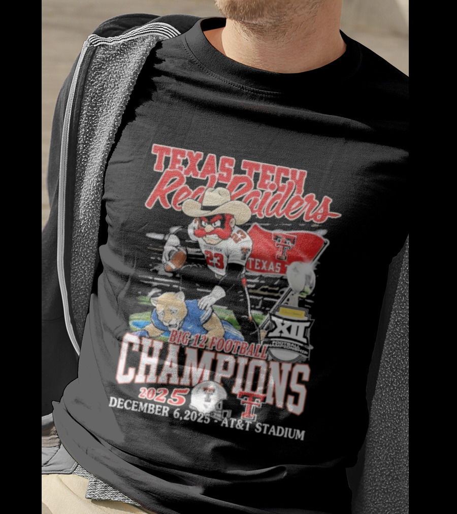 Texas Tech Red Raiders Big 12 Football Champions 2025 Victory Over Brigham Young Cougars December 6 Jones AT&T Stadium T-Shirt