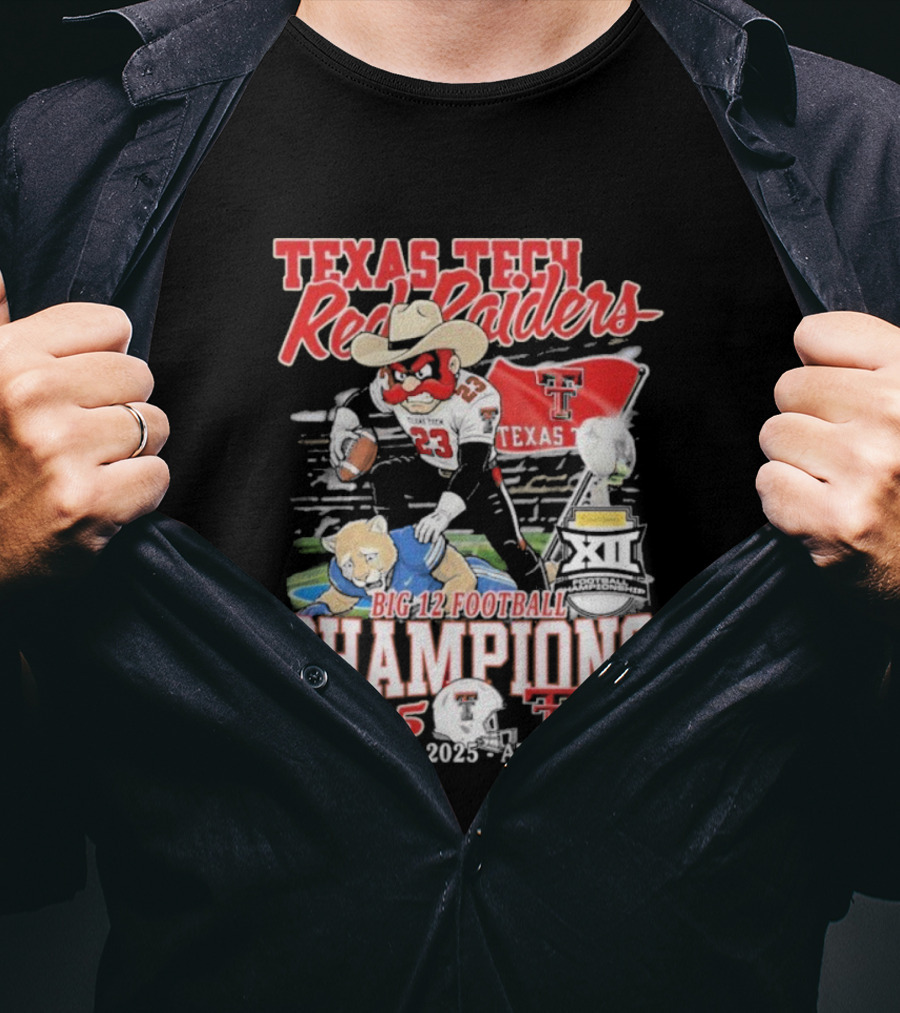 Texas Tech Red Raiders Big 12 Football Champions 2025 Victory Over Brigham Young Cougars December 6 Jones AT&T Stadium T-Shirt
