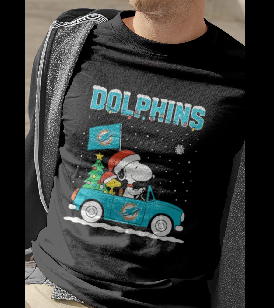 Snoopy WoodStock Santa Christmas Miami Dolphins Car Holiday Scene T-Shirt