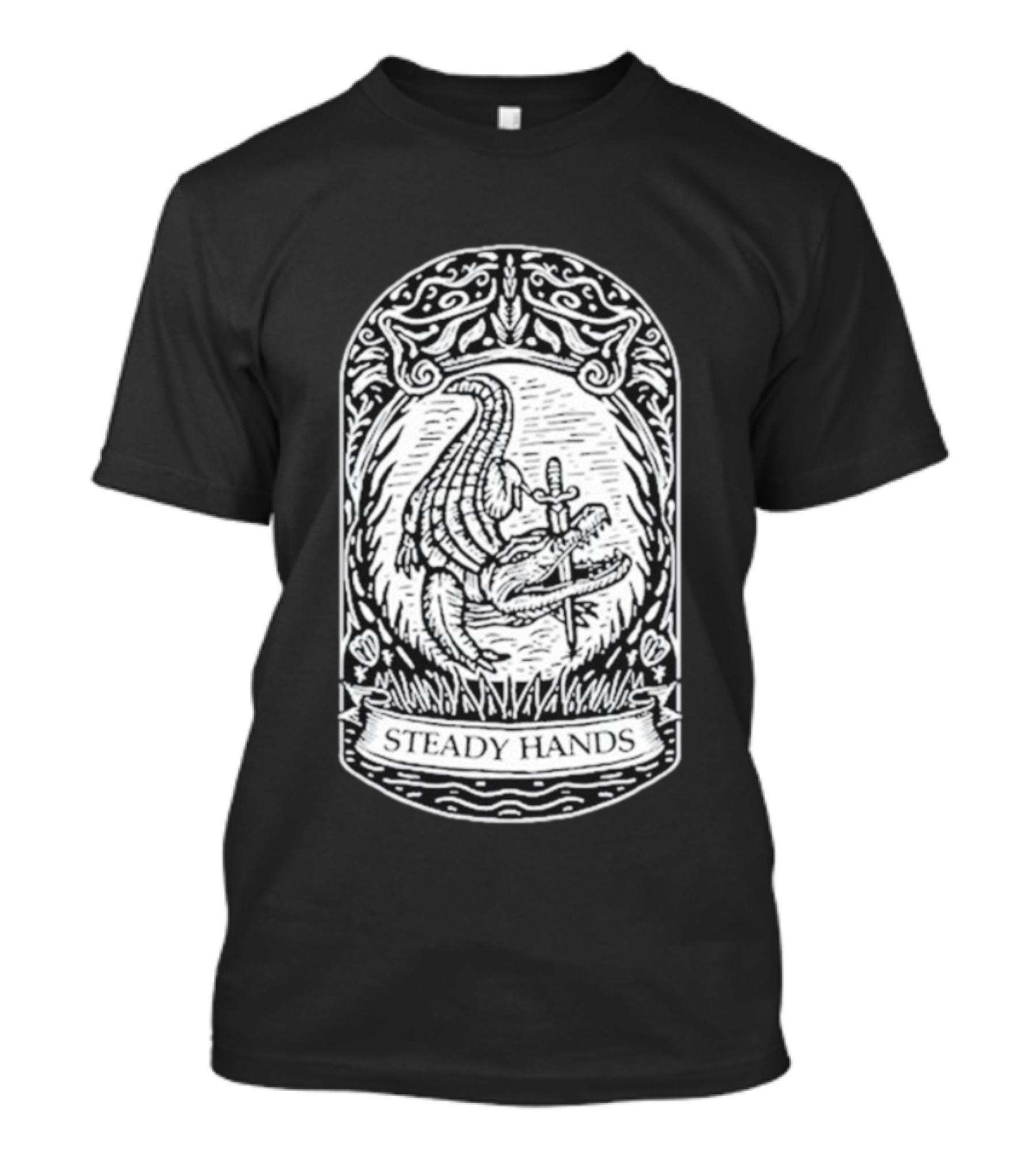 Steady Hands Crocodile Sword Banner T-Shirt