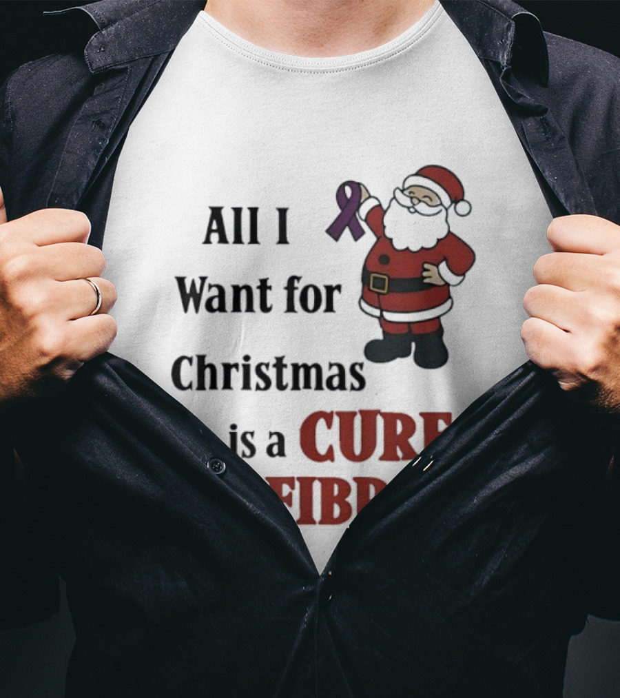 Santa Claus All I Want For Christmas Is A Cure For Fibro Purple Ribbon T-Shirt