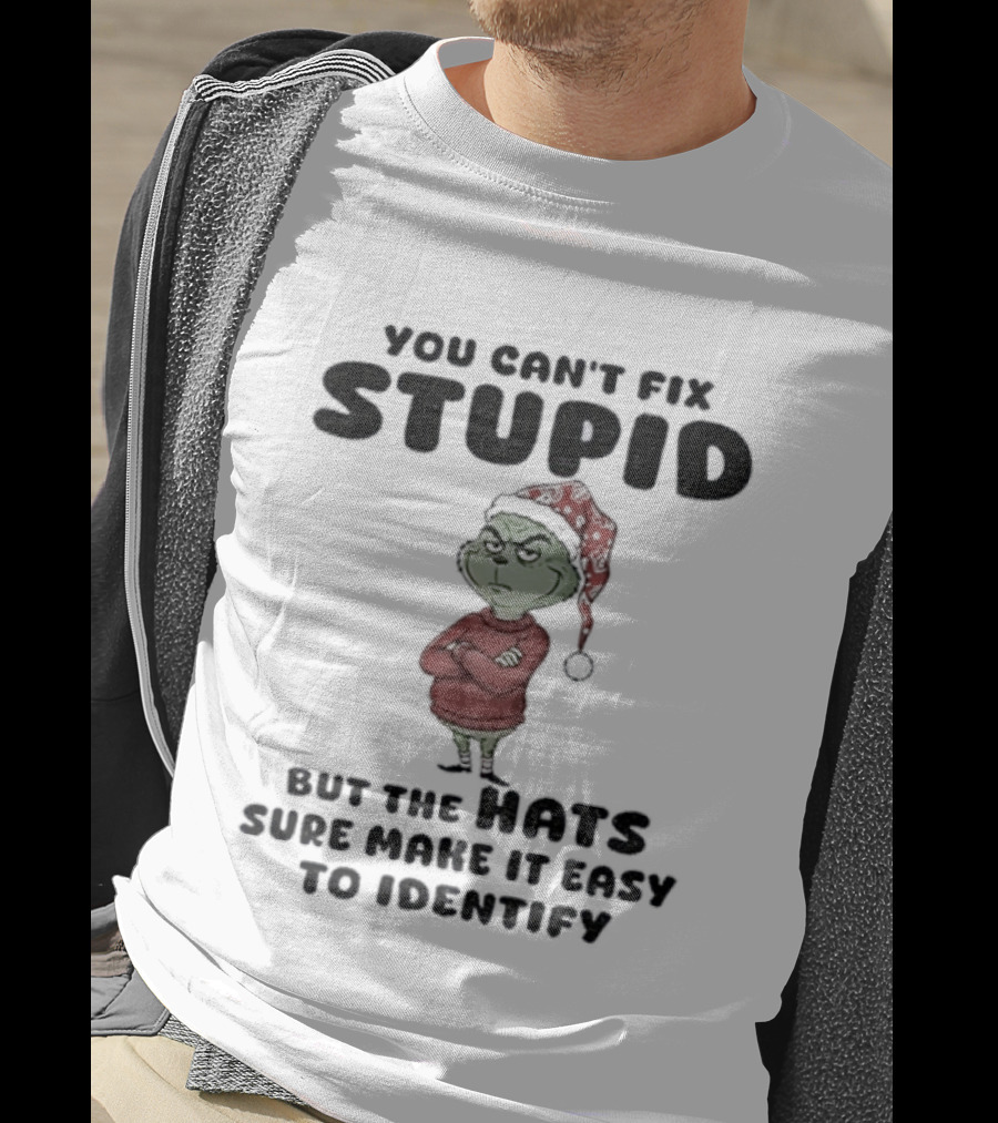Grinch Santa Hat You Can't Fix Stupid But The Hats Sure Make It Easy To Identify Christmas T-Shirt