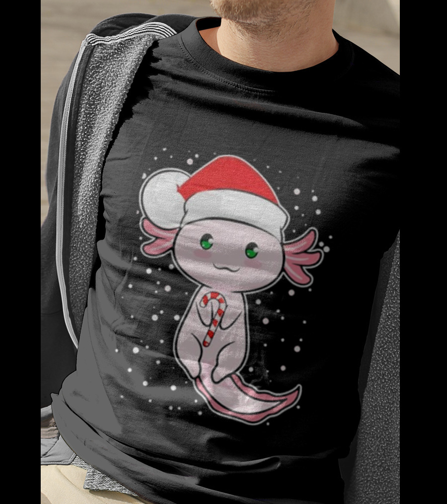 Axolotl Christmas Candy Cane Santa Hat Cute Holiday Snowflakes T-Shirt
