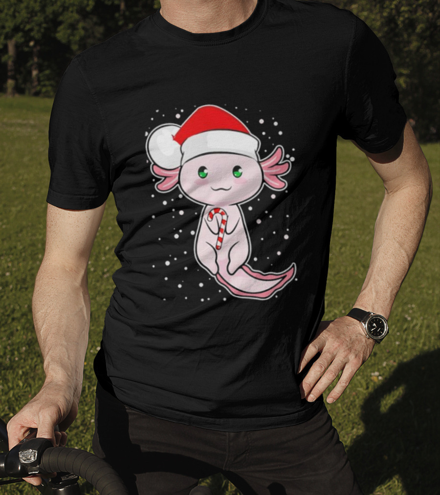 Axolotl Christmas Candy Cane Santa Hat Cute Holiday Snowflakes T-Shirt