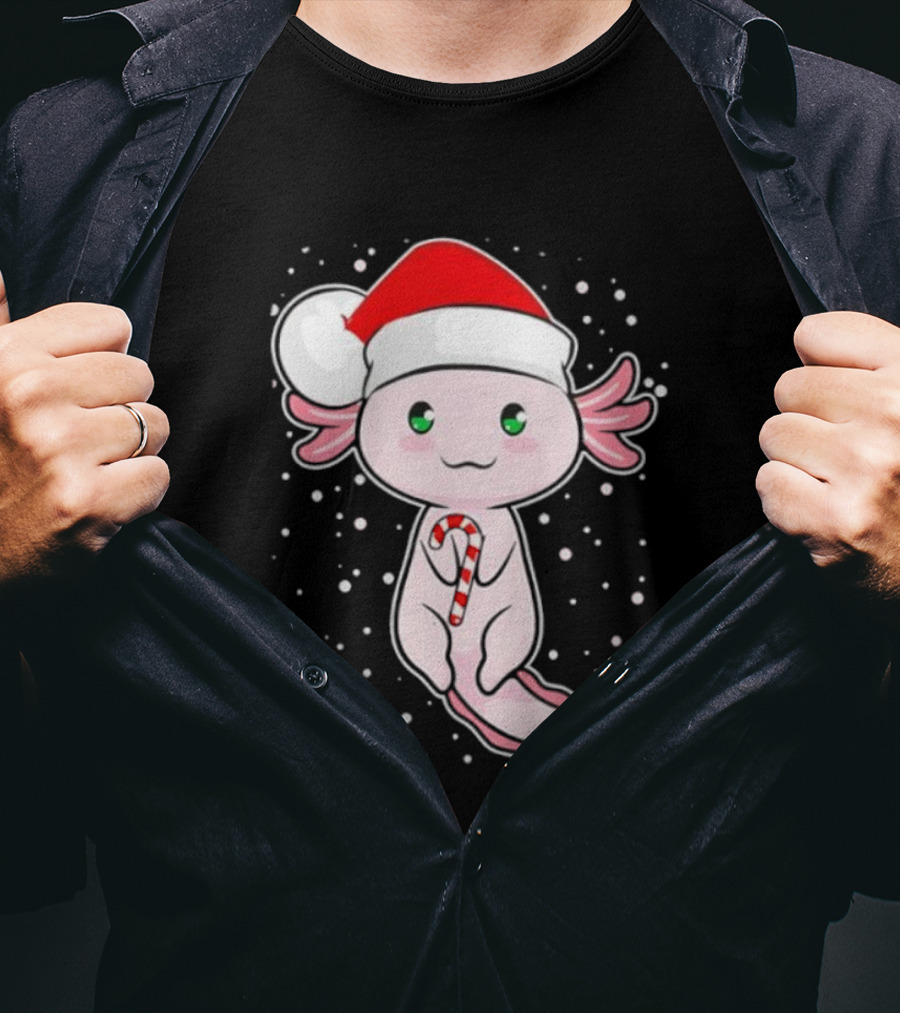 Axolotl Christmas Candy Cane Santa Hat Cute Holiday Snowflakes T-Shirt
