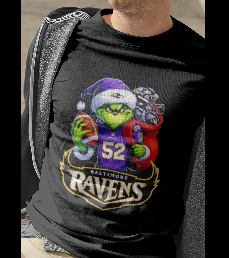 Baltimore Ravens Grinch Santa Hat Holding Football Ravens Logo Grinchmas T-Shirt