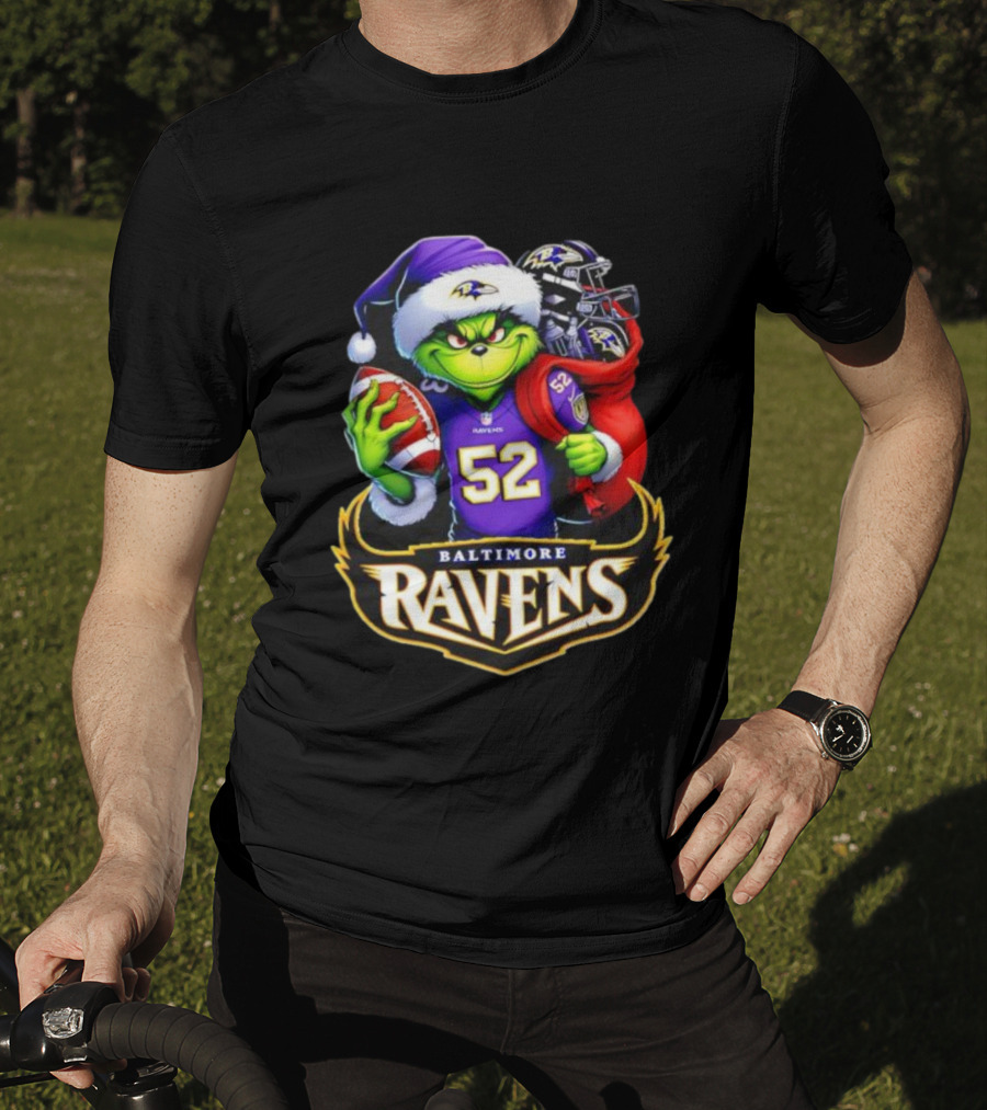 Baltimore Ravens Grinch Santa Hat Holding Football Ravens Logo Grinchmas T-Shirt