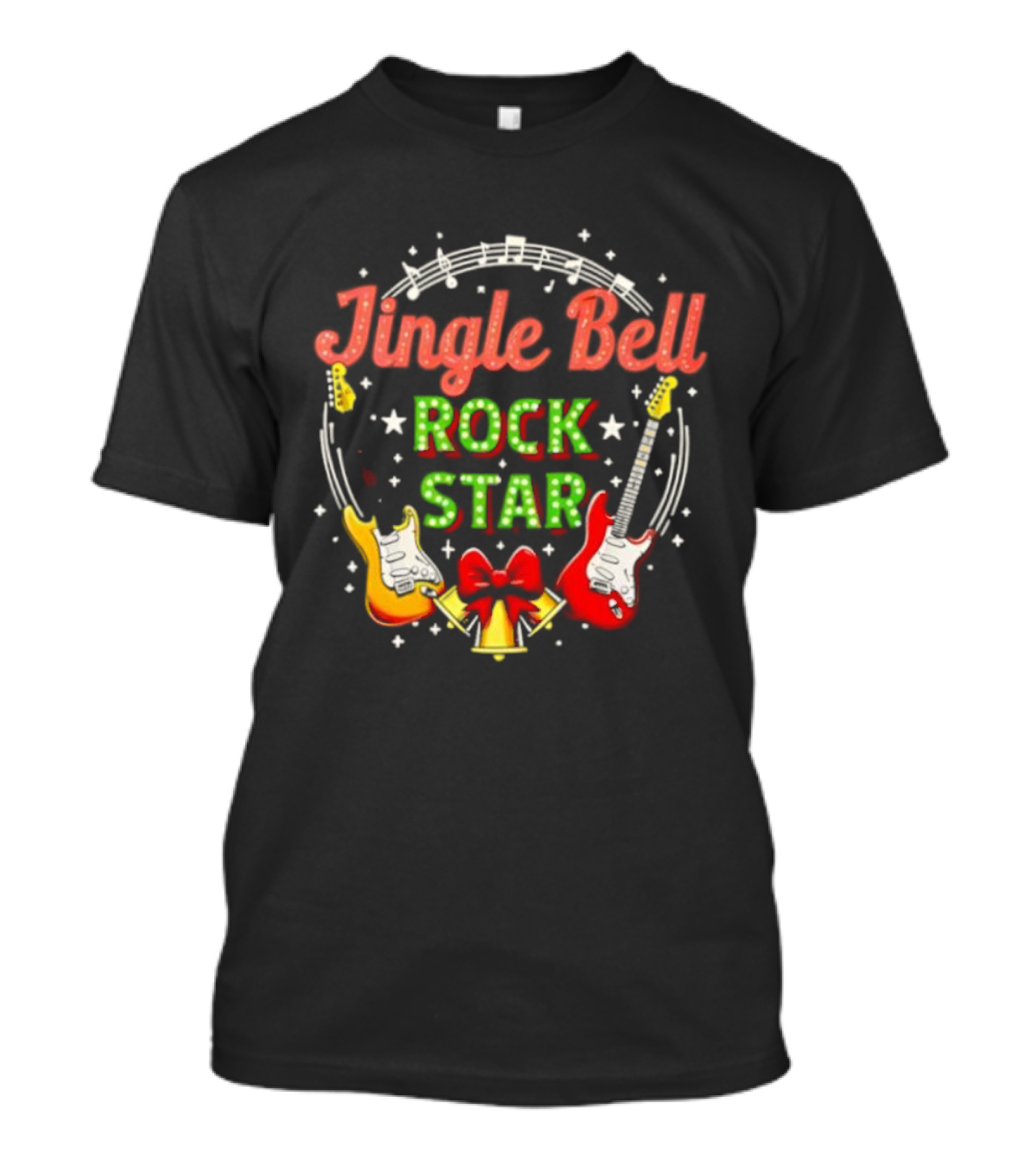Jingle Bell Rock Star Christmas Music Guitar Holiday Bow T-Shirt