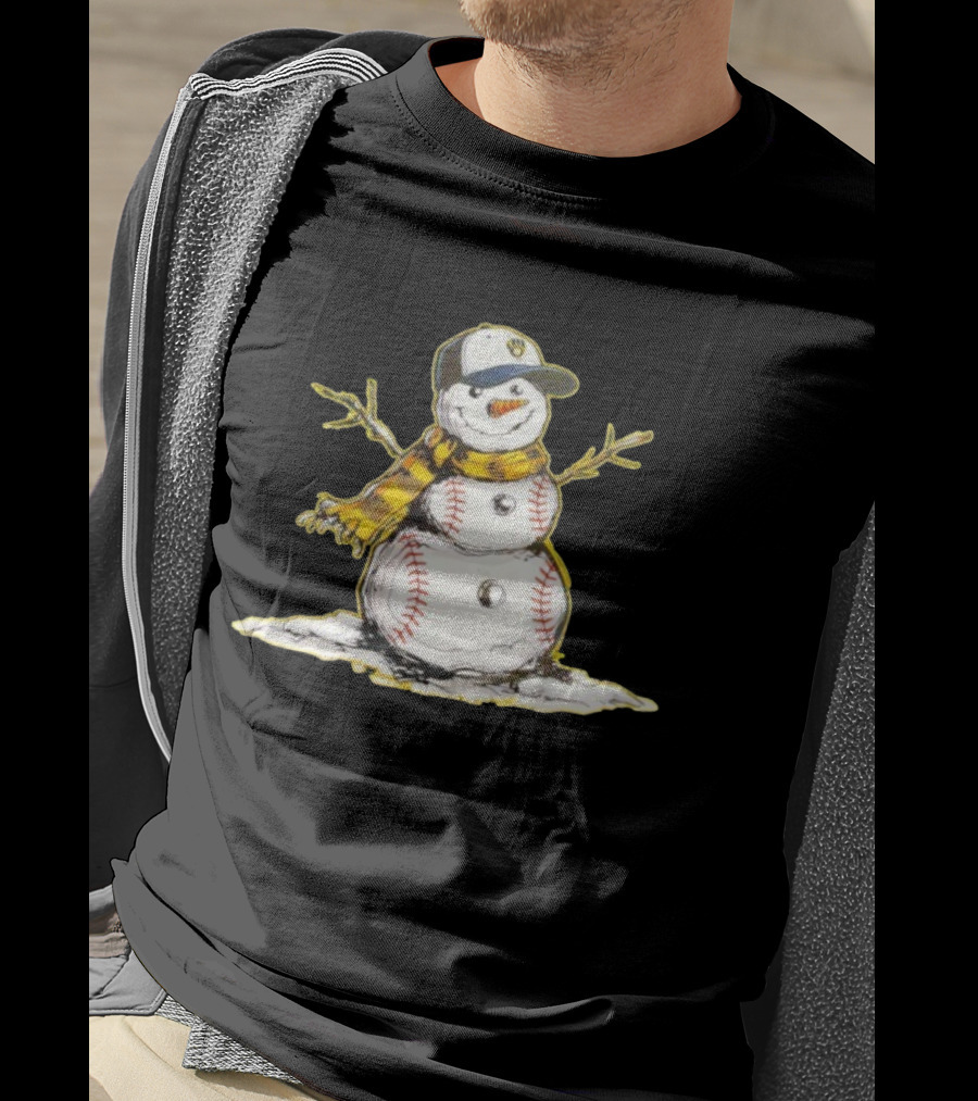 Milwaukee Brewers Baseball Snowman Wearing Cap With Scarf T-Shirt