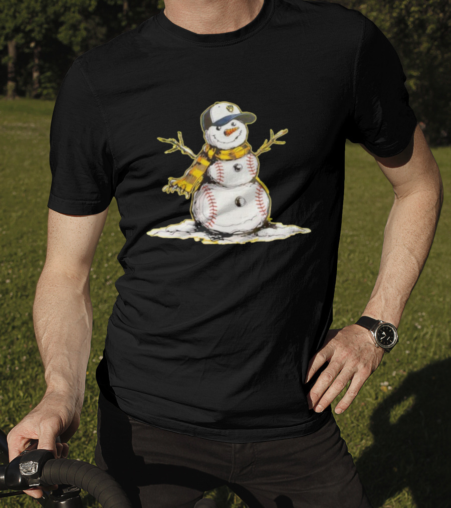 Milwaukee Brewers Baseball Snowman Wearing Cap With Scarf T-Shirt