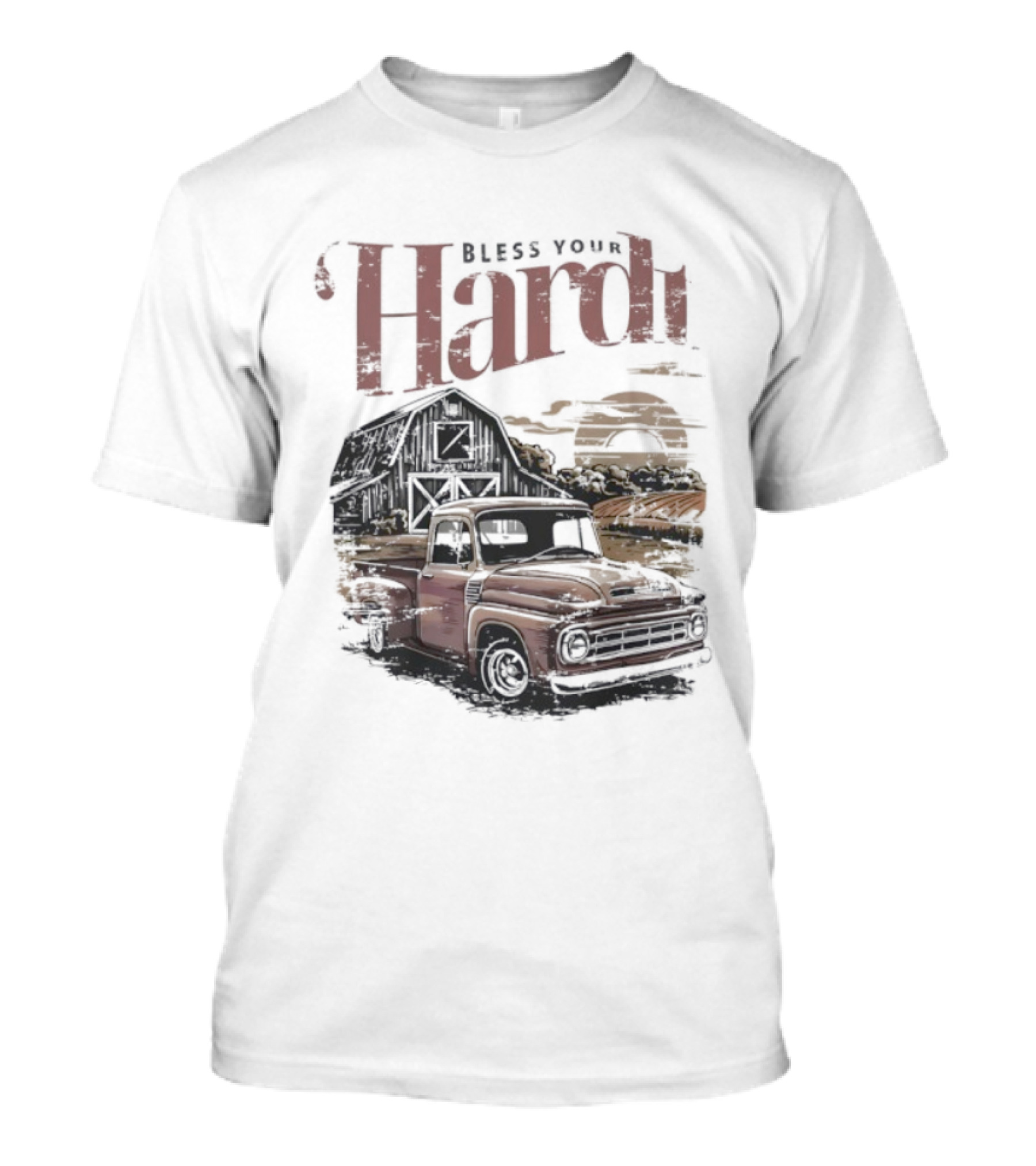 Bless Your Hardt Vintage Truck Barn Sunset Scene T-Shirt