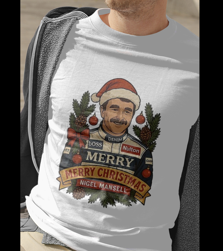 Nigel Mansell Merry Christmas Boss Denim Nulton Goodyear Racing Santa Hat Pinecones T-Shirt