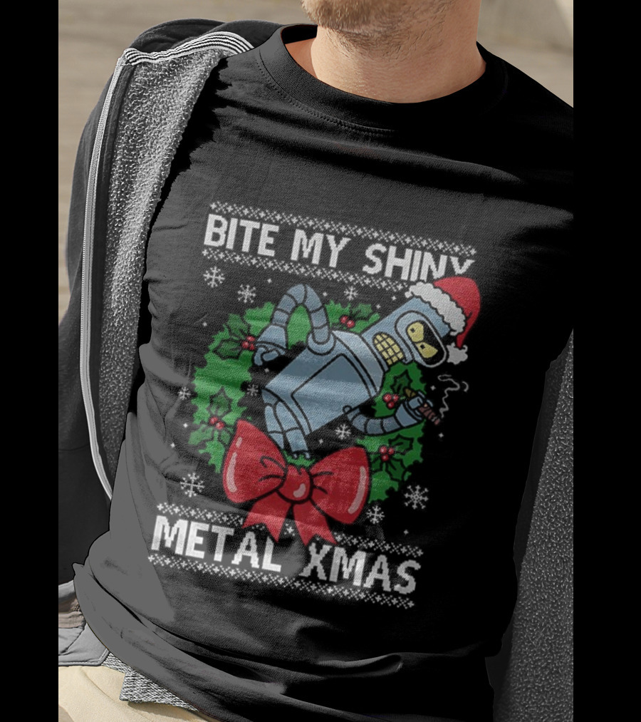 Bite My Shiny Metal Xmas Bender Ugly Christmas T-Shirt