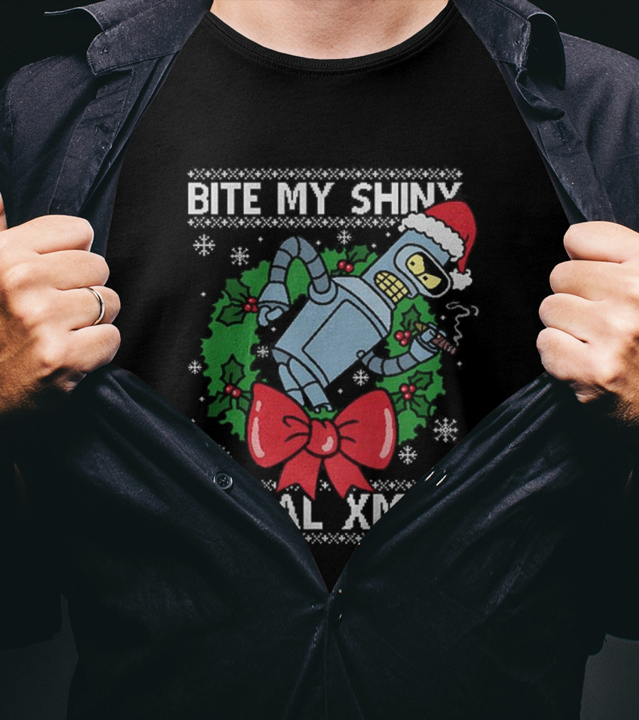 Bite My Shiny Metal Xmas Bender Ugly Christmas T-Shirt