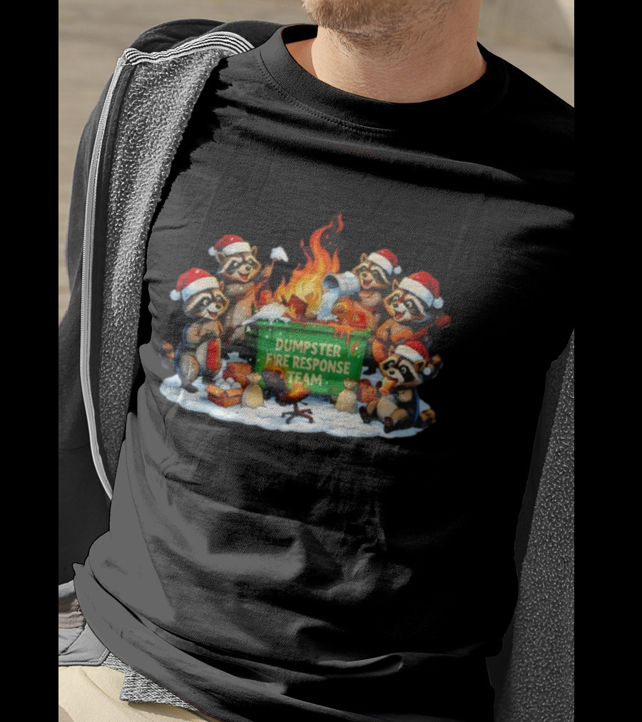 Dumpster Fire Response Team Raccoons Christmas Santa Hats Holiday Humor T-Shirt