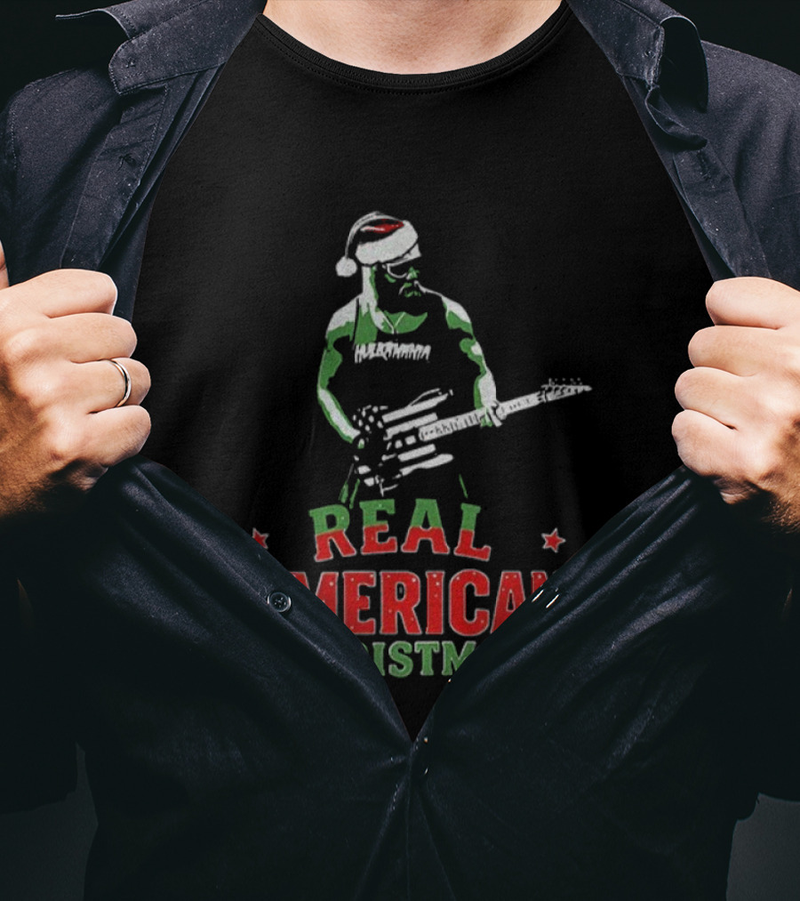 Hulk Hogan Santa Hat Real American Christmas Guitar Holiday T-Shirt