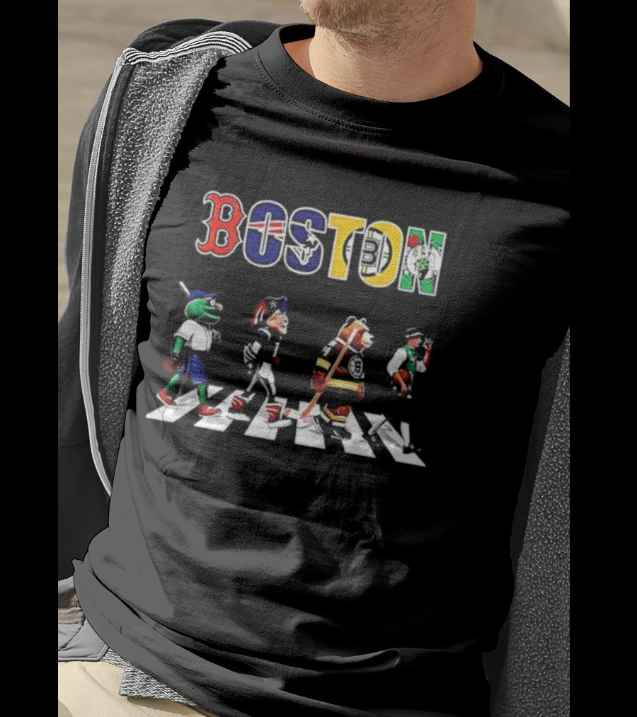 Boston Sports Red Sox Patriots Bruins Celtics Mascots Abbey Road T-Shirt