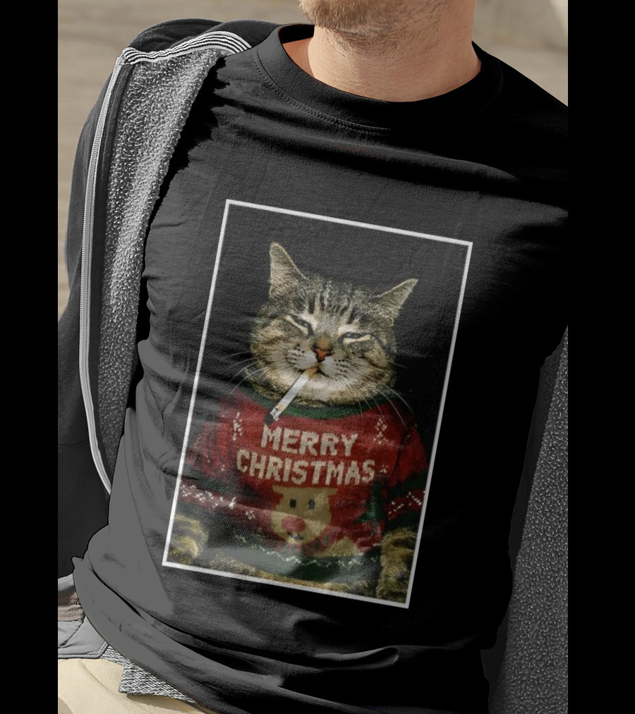 Merry Christmas Smoking Cat Funny Holiday Sweater Meme T-Shirt