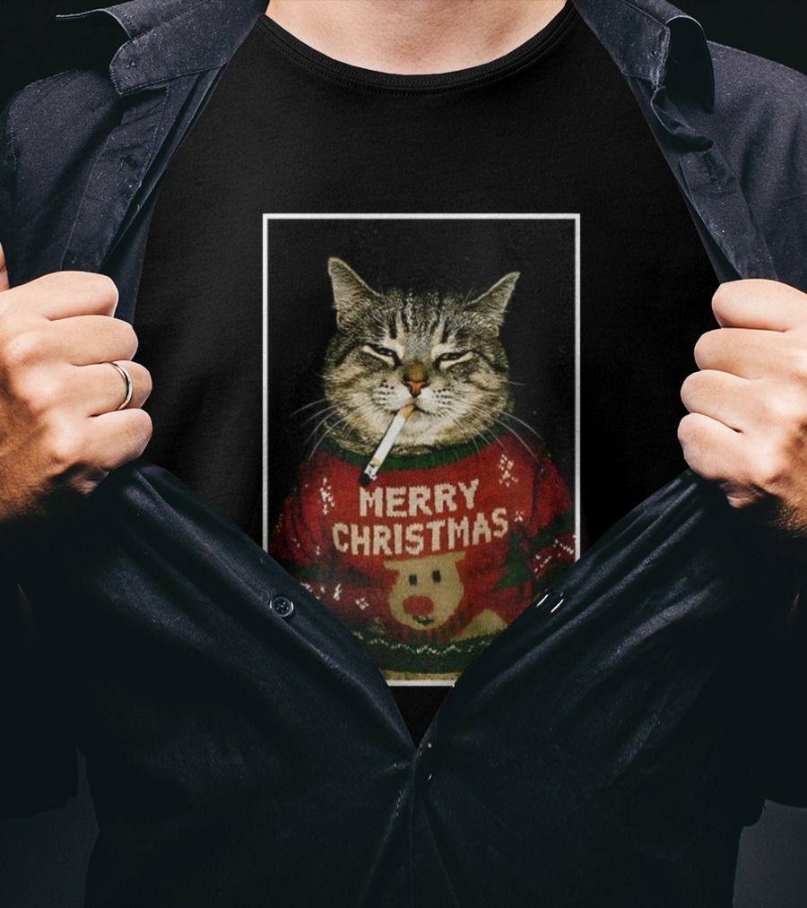 Merry Christmas Smoking Cat Funny Holiday Sweater Meme T-Shirt