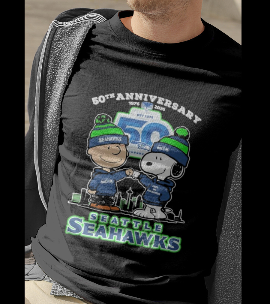 Snoopy Charlie Brown Peanuts Seattle Seahawks 50th Anniversary 1976-2025 T-Shirt