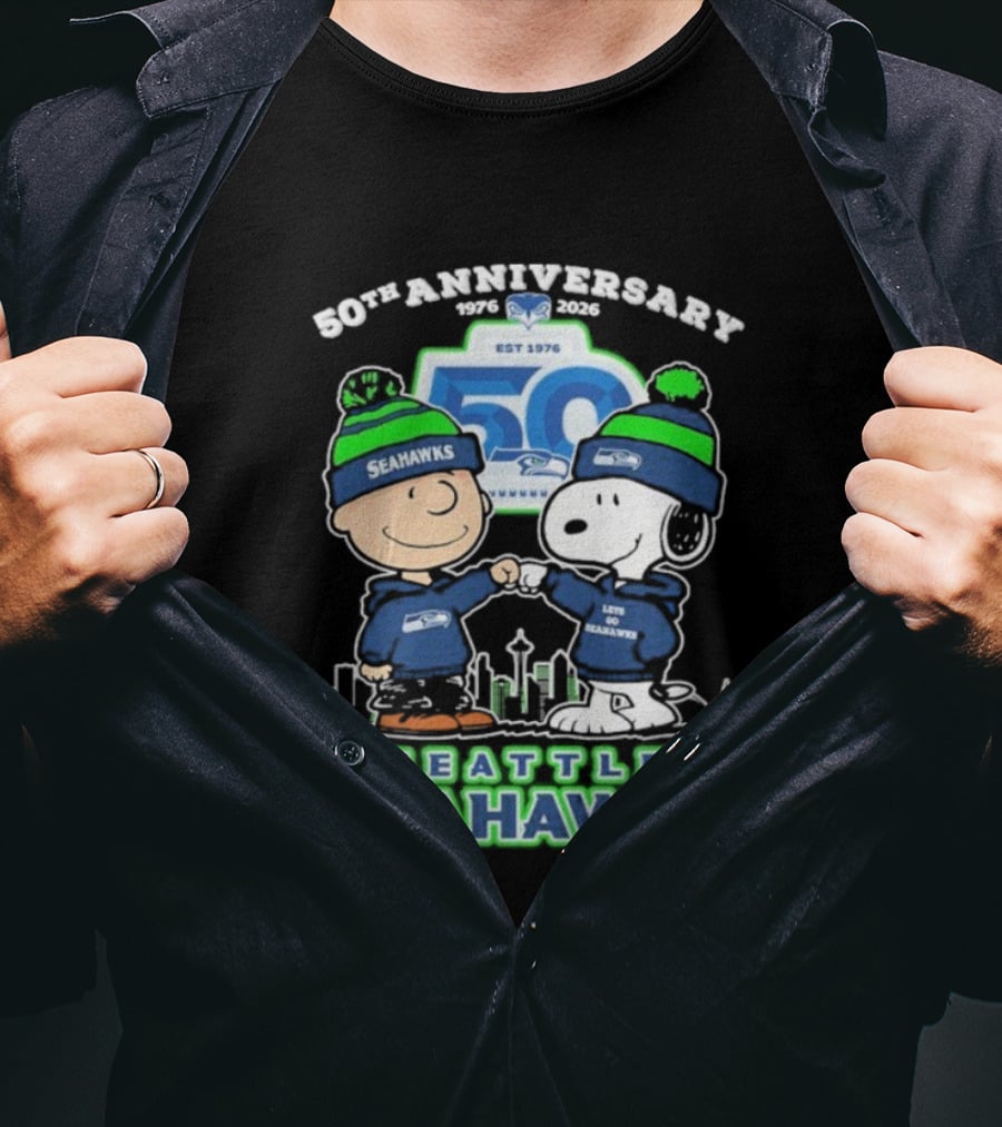 Snoopy Charlie Brown Peanuts Seattle Seahawks 50th Anniversary 1976-2025 T-Shirt